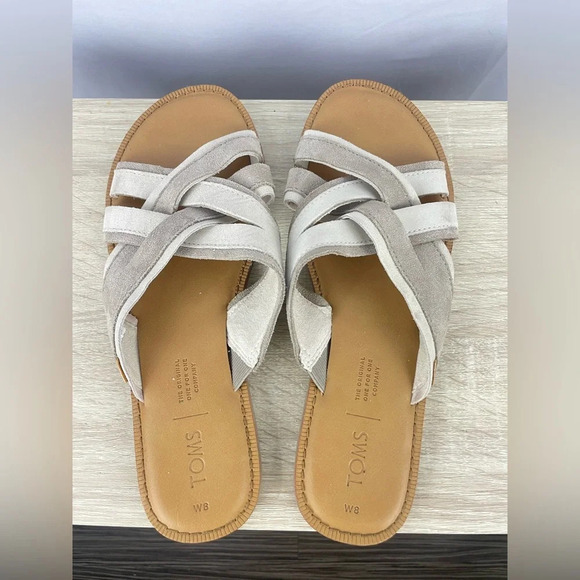 NEW TOMS Women Val Desert Taupe Suede Crisscross Strap Open Toe Slide Sandals 8 - Picture 1 of 5